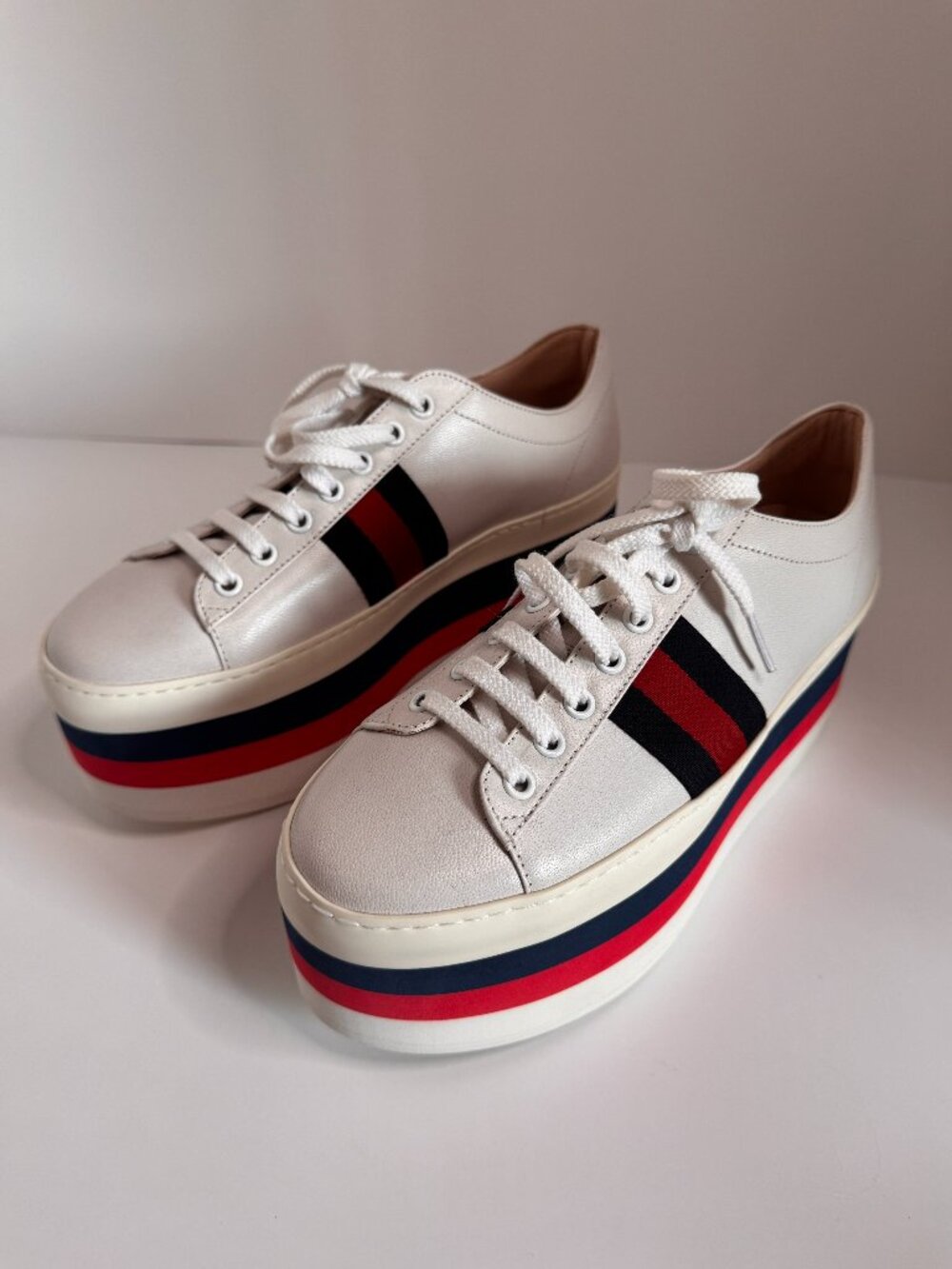 Gucci Ace Platform Sneakers Womens EU 38 White Leather Web